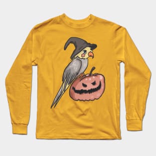 Halloween cockatiel with pumpkin and witch hat Long Sleeve T-Shirt